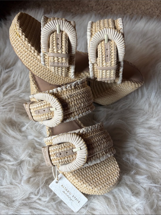 Altar'd State Shoes - Altar'd State Cream and Beige Woven Buckle Wedge Sandals